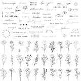 TATUWST Realistic Temporary Tattoos - 60 Sheets Tiny Small Removable Tattoos, 30 Pcs Inspirational Quotes Words Tattoos, 30 Pcs Wild Flower Ink Line Botanical Floral Leaf Tattoo Stickers for Women