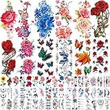 82 Sheets Flowers Temporary Tattoos Stickers, Roses, Butterflies and Multi-Colored Mixed Style Body Art Temporary Tattoos for Women, Girls or Kids