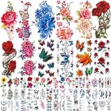 82 Sheets Flowers Temporary Tattoos Stickers, Roses, Butterflies and Multi-Colored Mixed Style Body Art Temporary Tattoos for Women, Girls or Kids