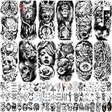 JEEFONNA 82 Sheets Temporary Tattoo for Men Women Adults, Include 12 Sheets Black 3D Half Sleeve Temporary Tattoos, Halloween Tattoos Scary Lion Wolf Tiger Skull Skeleton Tattoos Stickers