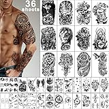 Yazhiji 36 Sheets Temporary Tattoos Stickers, 12 Sheets Fake Body Arm Chest Shoulder Tattoos for Men or Women with 24 Sheets Tiny Black Tattoos