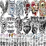 80 Sheets Temporary Tattoos Stickers, Fake Body Arm Chest Shoulder Tattoos for Men and Women, Halloween Temporary Tattoos Black Fake Skull Skeleton Tattoos for Halloween Cosplay