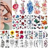 42 Sheets Flowers Temporary Tattoos Stickers, Roses, Butterflies and Multi-Colored Mixed Style Body Art Temporary Tattoos for Women, Girls or Kids