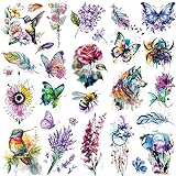 Tazimi 8 Sheets Large 3D Watercolor Temporary Tattoos For Women Girls-Colorful Flower Hummingbird Butterfly Realistic Long Lasting Fake Tattoo Stickers Waterproof Tattoos For Women Adult Body Art