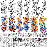 68 Sheets Realistic Butterflies Temporary Tattoos For Women Girls Adults Arm, Colored Long Lasting Temp Bulk Tattoo Rose Butterfly, 3D Black Butterfly Fake Tattoo Stickers Party Rave Accessories